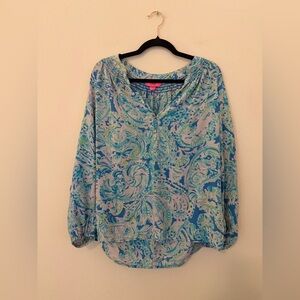 Lilly Pulitzer Elsa Long Sleeve Silk Blouse Sz XL What a Lovely Place Resortwear